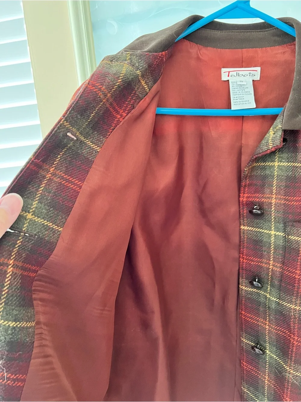 Vintage Talbots sz S tartan plaid shaket or barn coat deep rust red/ green. Wool